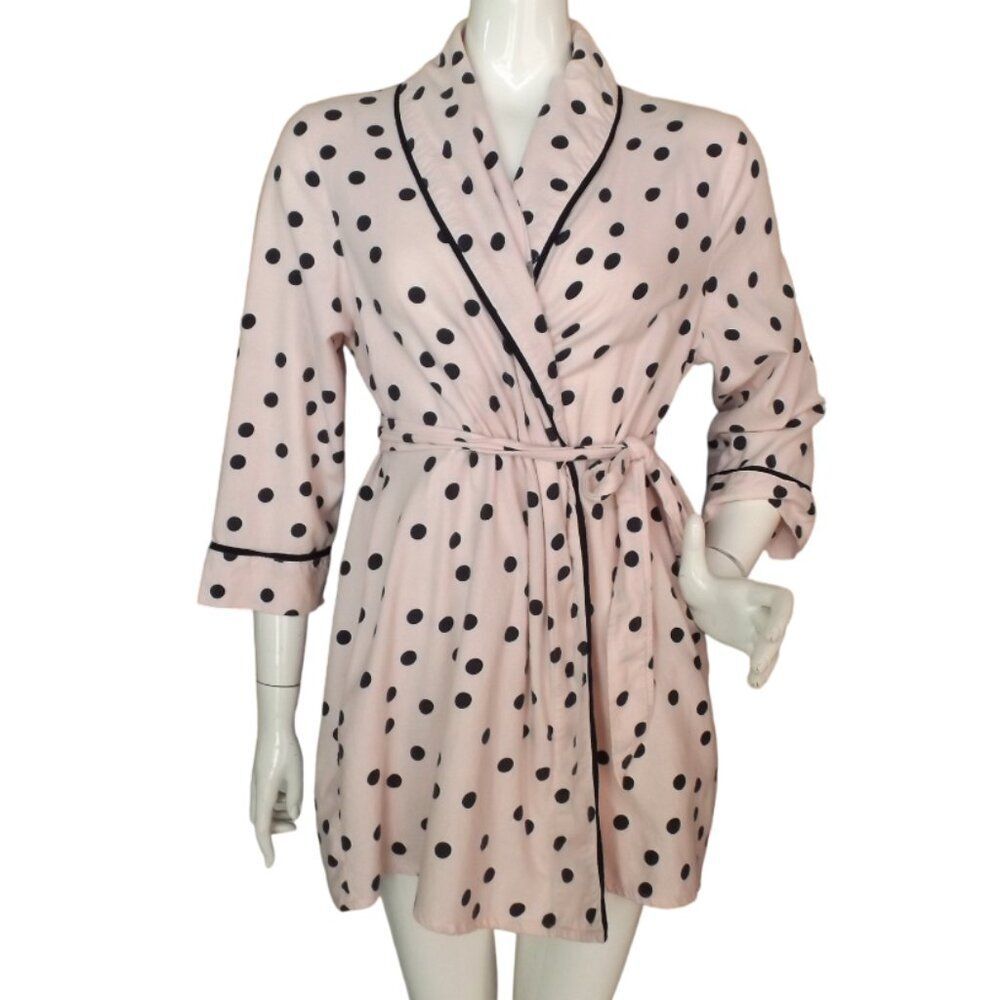 KATE SPADE Flannel Robe, M, Pink/Black Polka Dots, Ties, 3/4 sleeve, Pockets